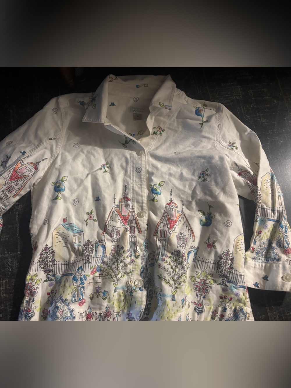 Christopher & Banks White Button-Down Shirt with Village & Floral Print Cottages